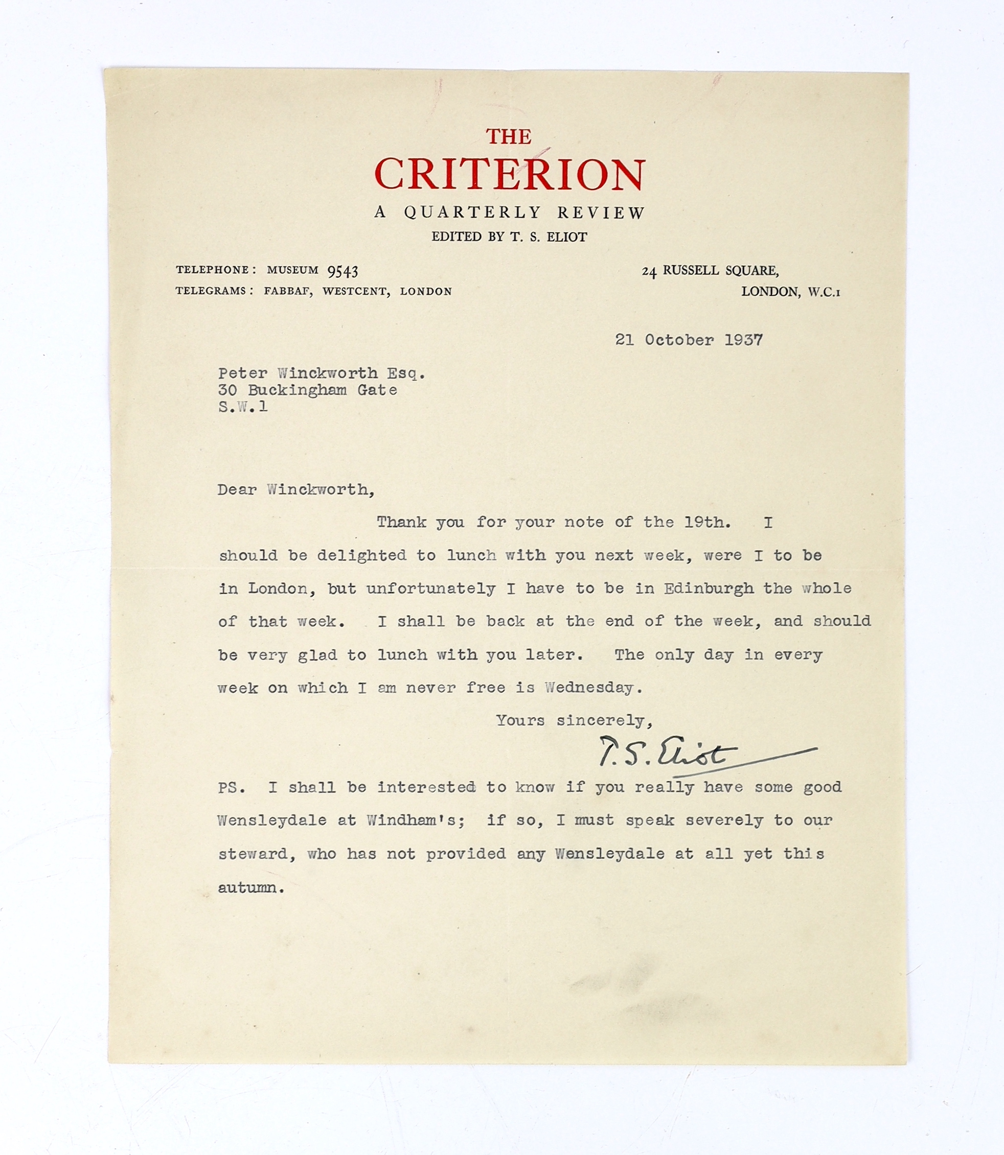 Eliot, Thomas Stearns (1888-1965), poet, critic and publisher, Criterion, 24 Russell Square, London WC1; letter to Peter Winckworth ‘Dear Winckworth’, 30 Buckingham Gate. London SW1, 21 October 1937